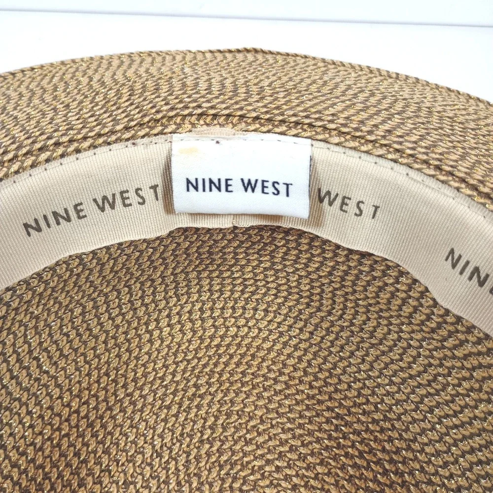 Nine West Wide Brim Sun Hat Bronze Gold Metallic Woven Straw Floppy Summer